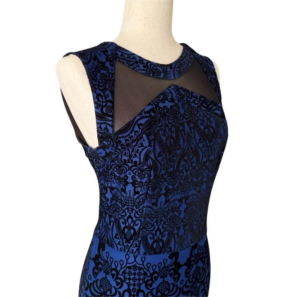 eci‎ Y2K velvet burnout blue black Sleeveless midi Dress elegant sheath goth